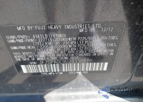 2013 Subaru Xv Crosstrek 2.0I Limited z USA, uszkodzony, nr VIN JF2GPAGC9D2833887